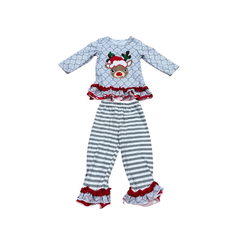 Kids Christmas Reindeer Pajama Set Girls Long Sleeve‎ Ruffle Pants Size S